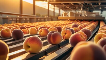 iconic depiction of a conveyor belt production line capturing the detailed details of each peach in...