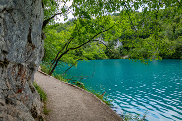 Beautiful landscape in the Plitvice Lakes National Park in Croatia. Footpath for hiking.
