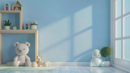 Arrange the little clouds and soft toys in a visually appealing manner within the baby room.  - obrazy, fototapety, plakaty