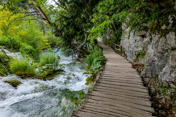 Beautiful landscape in the Plitvice Lakes National Park in Croatia. Footpath for hiking.