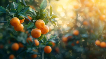 Foto op Plexiglas Ripe oranges, tangerines growing on a citrus branch with green leaves in an orchard. Sunny day. Bokeh effect. AI generative © sdmin_d
