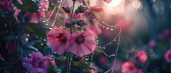 The droplets of a misty morning clinging to the spiderwebs between hollyhocks - obrazy, fototapety, plakaty