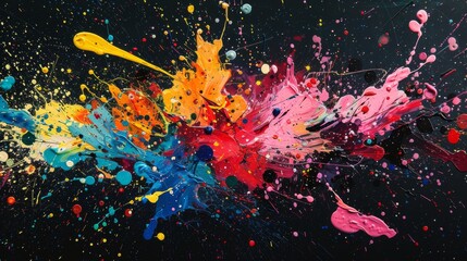 Dynamic splashes of colorful paint dramatically scatter across a black background, conveying vibrant artistic chaos.