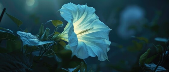 The luminescence of a moonflower opening as dusk falls