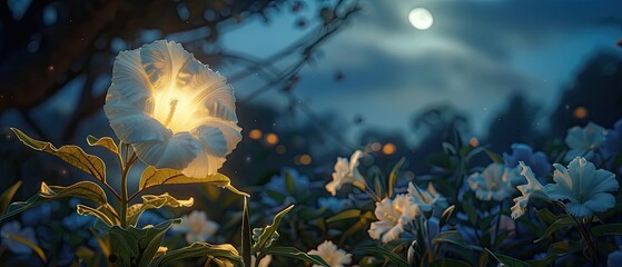 The luminescence of a moonflower opening as dusk falls - obrazy, fototapety, plakaty