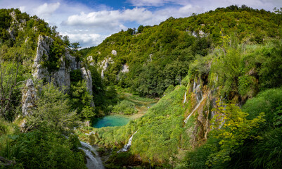 Fototapeta na wymiar Beautiful landscape in the Plitvice Lakes National Park in Croatia. Natural Waterfalls. Natural wonders