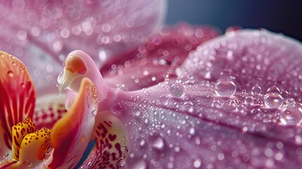 Water beads artfully resting on the silky surface of an orchids petal