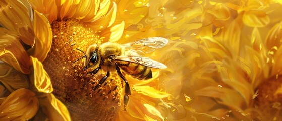 A bee collecting nectar from the heart of a sunflower - obrazy, fototapety, plakaty