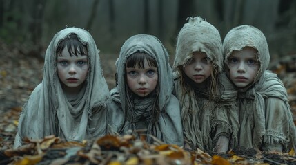 a group of three children dressed in hooded clothing in a wooded area with leaves on the ground and trees in the background.