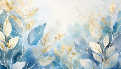 floral nature background of blue plant leaves and flower leaves on border pastel light blue and white watercolor painted leaf outlines in abstract illustration with soft texture