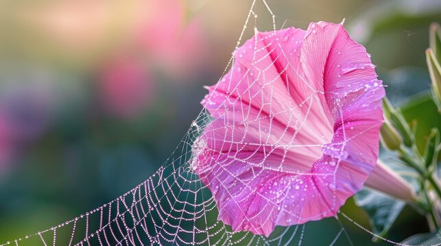 A spiders web delicately attached to the petals of a morning glory