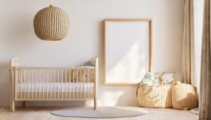 empty vertical picture frame on white wall in modern child room mock up interior in scandinavian style free copy space for your picture baby bed chair cozy room for kids 3d rendering