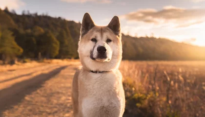 Fotobehang adult akita female dog looking at attention at the edge of a woodline background image © Slainie