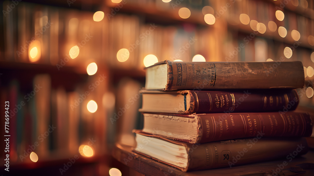 Poster a stack of books on a shelf in an old library