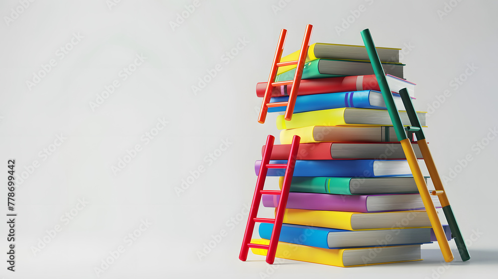Poster a stack of books with colorful ladders and ladder-shaped sticks coming out from the top