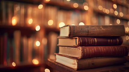 A stack of books on a shelf in an old library - obrazy, fototapety, plakaty