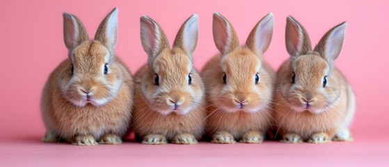 a group of three rabbits sitting next to each other on top of a pink surface in front of a pink background.