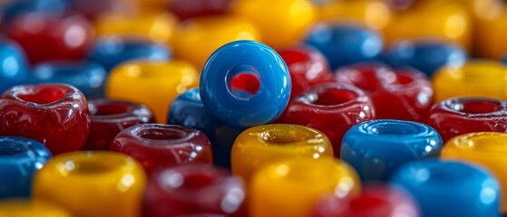 a close up of a bunch of different colored glass beads with a red hole in the middle of the middle of the beads.