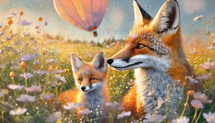 a painting of a mother fox and her baby in a field of wildflowers with a balloon in the background
