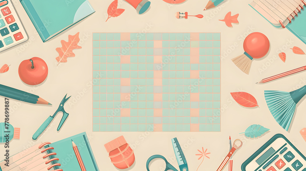 Poster a winsome flat cartoon vector design with educational essentials, grid pattern in the core of the pi