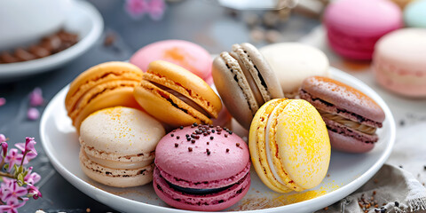 A bowl of colorful macarons with a white plate of colorful macaroni and cheese frosting., A tray of...