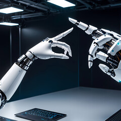 White cyborg robotic hand pointing finger to other human hand with stretched finger, generative AI 