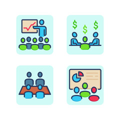 Business teamwork line icon set. Meeting, business growth, briefing, meeting, thoughts about earnings and money. Teamwork business concept. Vector illustrations for web design and apps