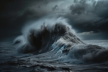 A dramatic stormy sea with crashing waves under dark clouds - obrazy, fototapety, plakaty