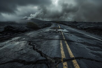 a road with cracks and collapsed part after an earthquake - obrazy, fototapety, plakaty