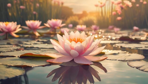 Fototapeta koi fish pond wallpaper with pink lotus flower in the style of realistic