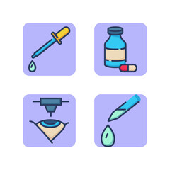Eye diseases treatment line icon set. Laser vision correction, eye cornea inflammation, pipette eye drops, examination equipment. Ophthalmology and healthcare concept. Vector illustrations for web des