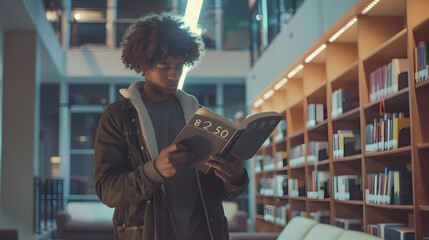 A young man with curly hair is standing in the library