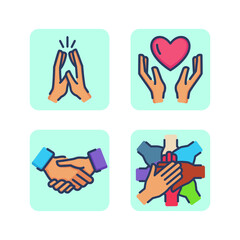 Friendship, team and partnership line icon set. Giving five, heart and love in hands, handshake of friends, team of friends or employees holding hands. Relations, cooperation concept. Vector illustrat