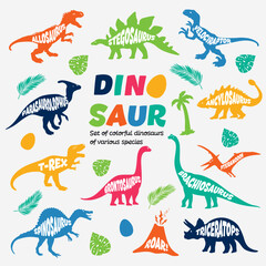 Dinosaur color set. Vector dinosaurs on white background. Tyranosaurus Rex, Stegosaurus, Brachiosaurus, Triceratops, and Pterodactyl cartoons. - 778700441
