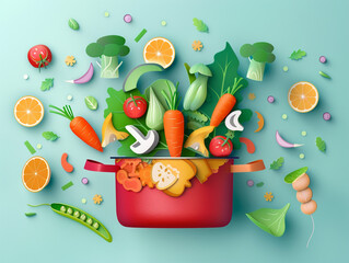 Fresh vegetables fall into the pot. Healthy meal concept in paper-cut style.
