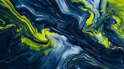 Abstract lime and navy marble background with fluid acrylic paint swirls