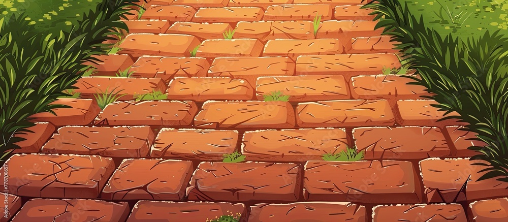 Poster an illustration of a brick walkway with grass surrounding it. the brickwork forms a rectangle path o