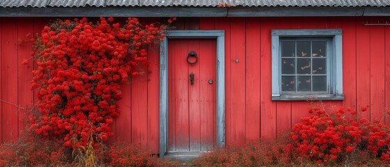 Obraz premium a red building with a blue door and window and a bush with red flowers growing next to the door and window.