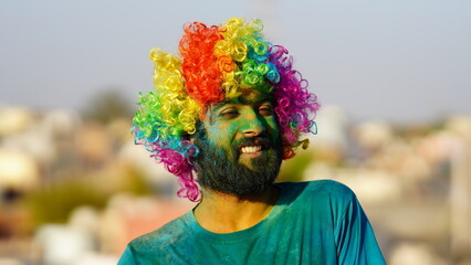 young indian boy during holi image