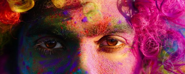 closeup shot of a young boy holi colors painted face