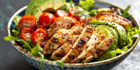 Chicken Salad Grilled Displayed On A Textured Gray Table, a chicken avocado salad with lime, lemon, The meal Grilled Chicken Caesar Salad romaine lettuce - obrazy, fototapety, plakaty