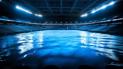 Nighttime stadium flooded under eerie blue lights 
