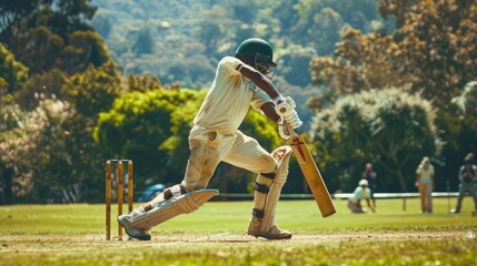 Cricketer batsman hitting a Reverse Sweep during a match on the pitch. Cricket game players on sporty field. Professional sport stadium. Active training. People playing with ball. Sportsmen tournament - obrazy, fototapety, plakaty