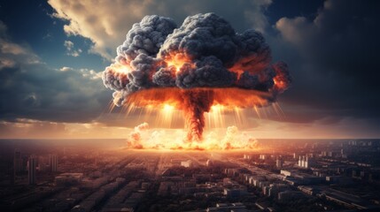 Nuclear explosion with mushroom cloud over urban landscape - obrazy, fototapety, plakaty