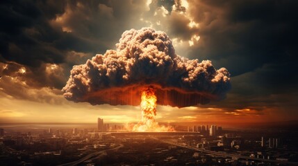 Nuclear explosion with mushroom cloud over urban landscape