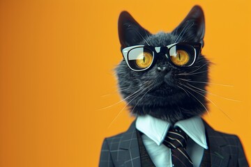 A Smartly Dressed Black Cat Wearing Sunglasses and a Suit with Tie in a Vibrant Surreal D Rendered Scene