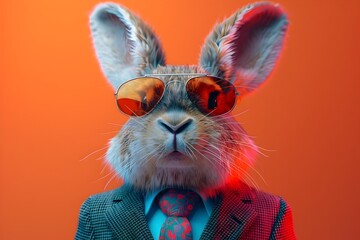 Fashionable Rabbit in Vibrant Surreal D Rendered Portrait Wearing Sunglasses Suit and Tie - obrazy, fototapety, plakaty