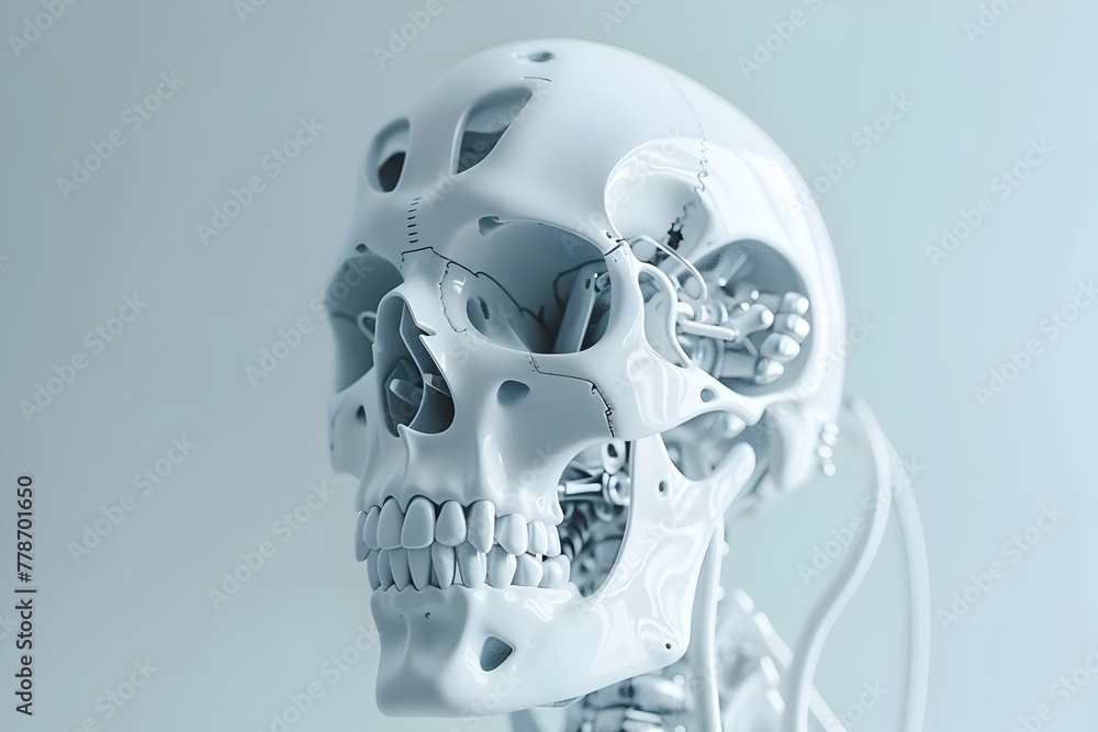 Poster close up view of a robotic skeletal form showcasing advanced mechanical and technological innovation