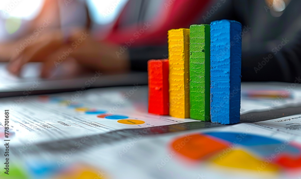 Poster focused analysis of business data with color-coded bar graphs, demonstrating sales performance on an
