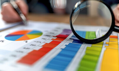 Fototapeta premium Magnifying glass analyzing colorful financial charts, graphs and data, focusing on business analytics, market research, and strategic decision making for optimizing investments and revenue growth.